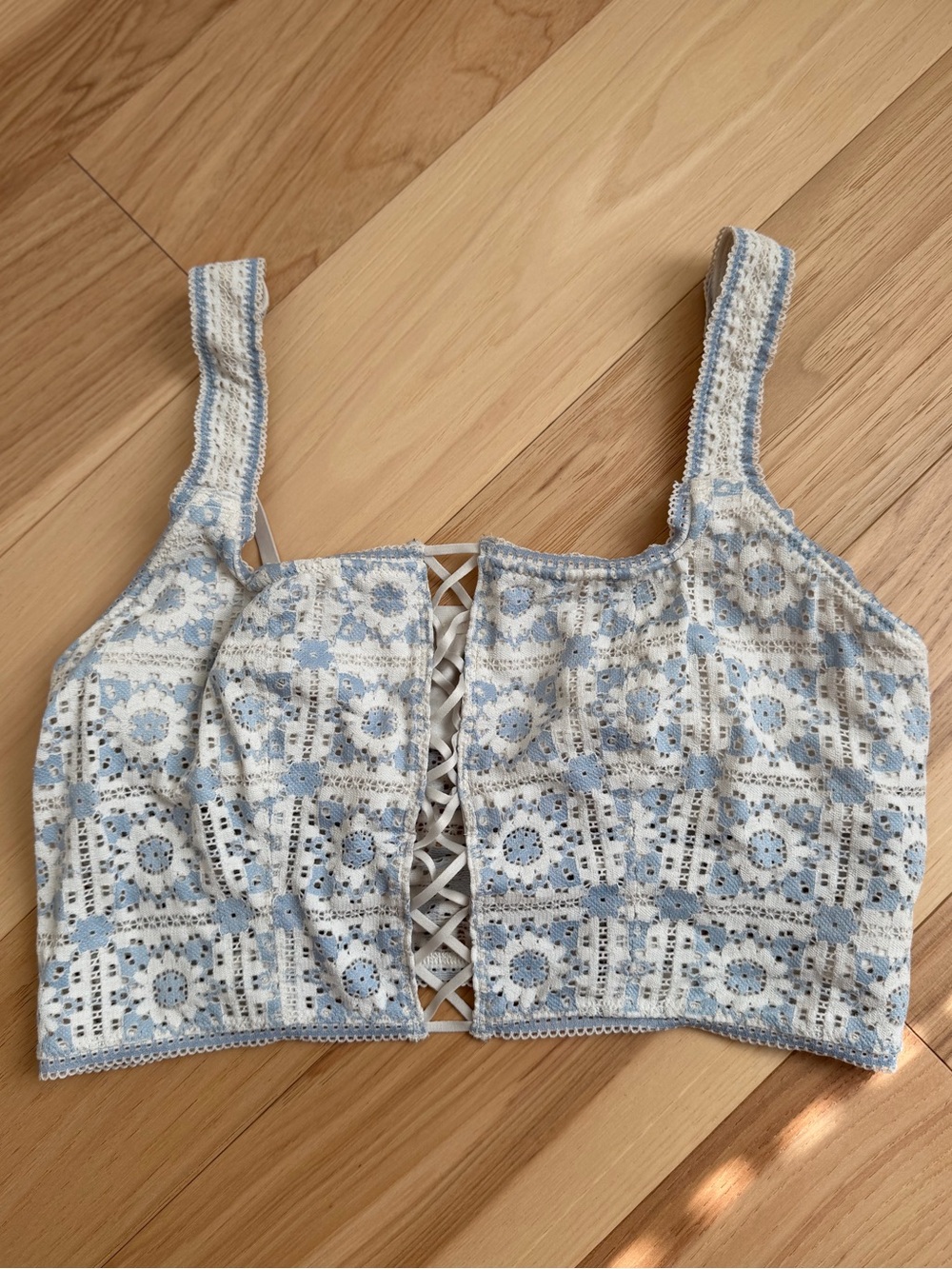 aerie Blue and White Crochet Lace-Up Crop Top